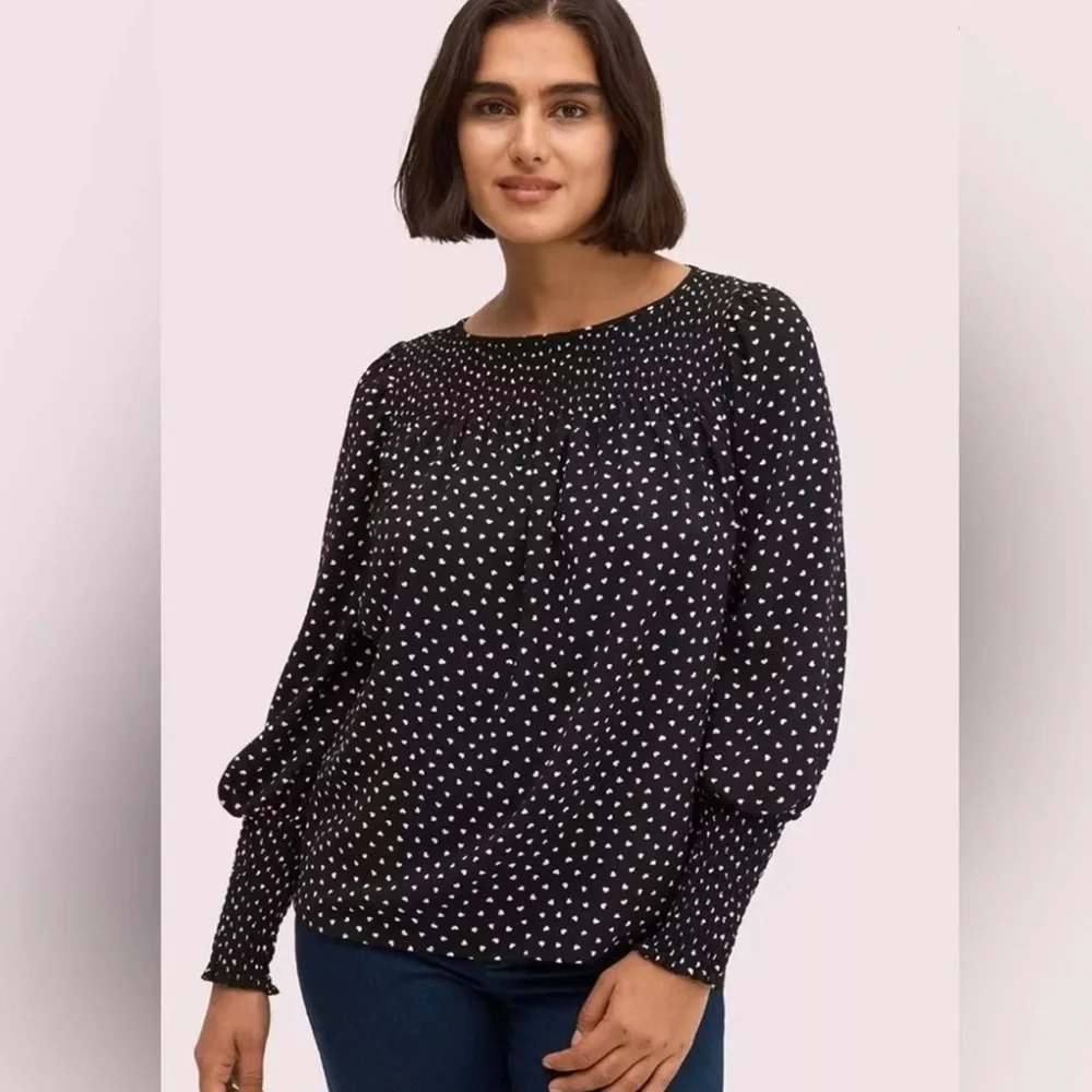 Kate‎ Spade XS Heartbeat Smocked Top Blouse ~ Hearts Smocked Night Out Party